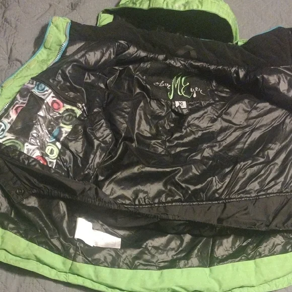 Obermeyer Kids Lime Green Raincoat With Blue Lining And Many Pocket And Features - Picture 12 of 14